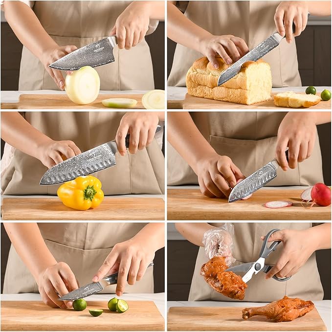 NANFANG BROTHERS Knife Set, 7-Pieces Damascus Kitchen Knife Set with Block, ABS Ergonomic Handle for Chef, Carving Fork, Disconnect-type Knife Block Set (Grey)