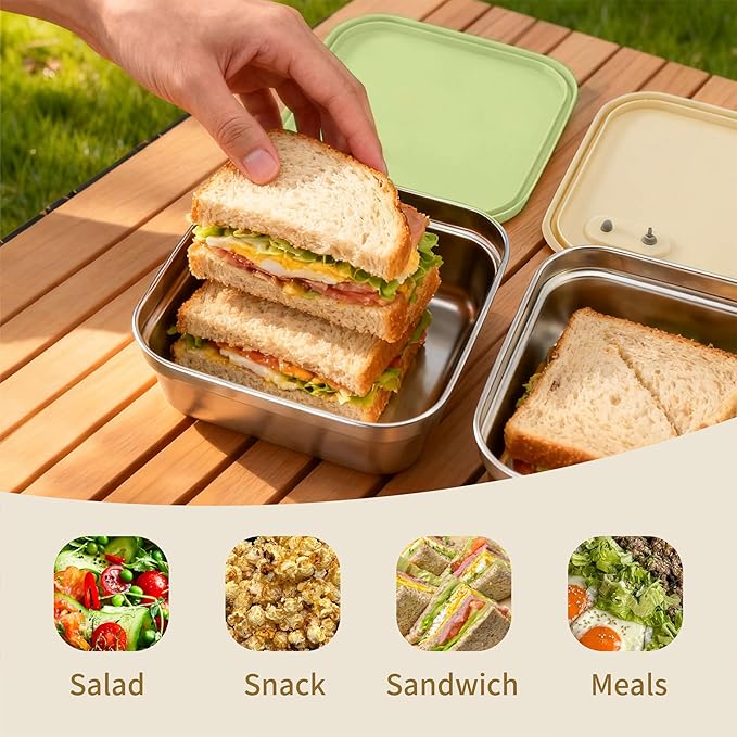 2 Pack Reusable Stainless Steel Sandwich Containers – Durable, Eco-Friendly, Leak-Proof Design, 22 oz (White & Green)
