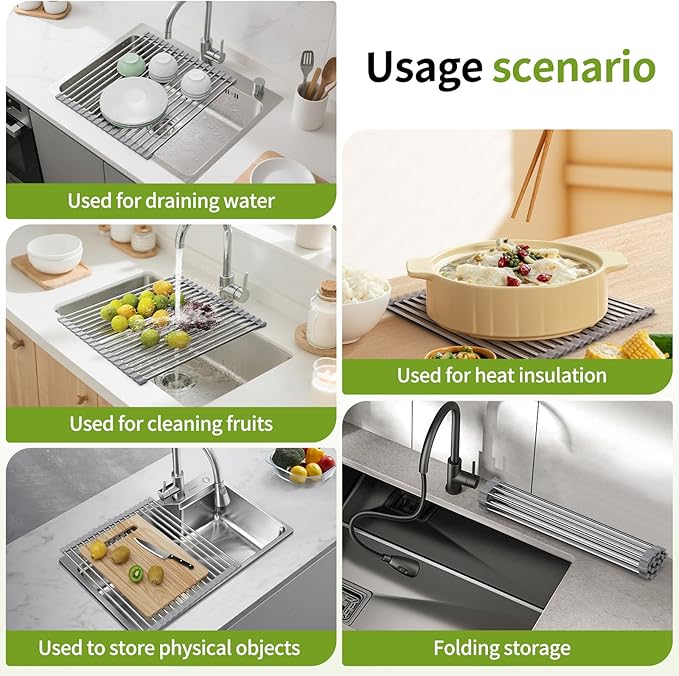 Foldable Over Sink Dish Drying Rack - Stainless Steel Sink Drain Rack with Silicone Edges, Roll-Up Storage for Kitchen, RV, Dorm Sinks (14.5×11.4in)