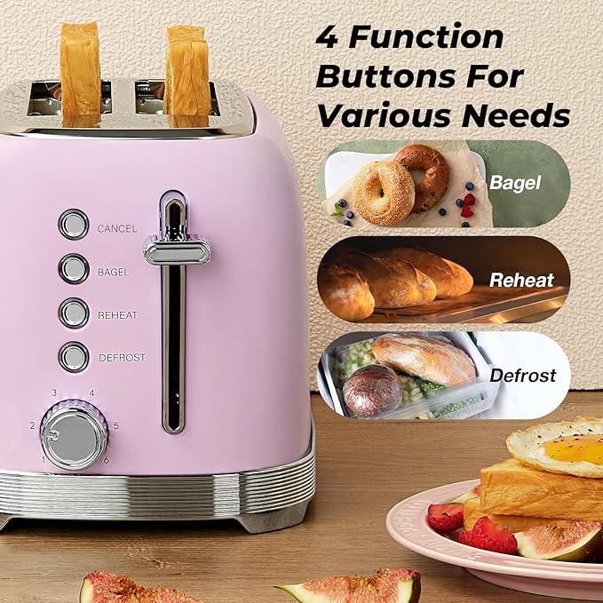 Toaster 2 Slice Retro Stainless Steel with 1.5” Extra Wide Slots Bagel, Defrost, Reheat, Cancel Functions, 6 Bread Shade Settings, Removable Crumb Tray, Pastel Pink
