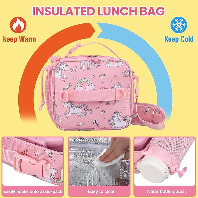 Bento Lunch Box Set for Kids with 9oz Soup Thermo, Insulated Lunch Bag,Leak-proof BPA-free Lunch Food Container with 3-4 Conpartments for School Travel-Pink