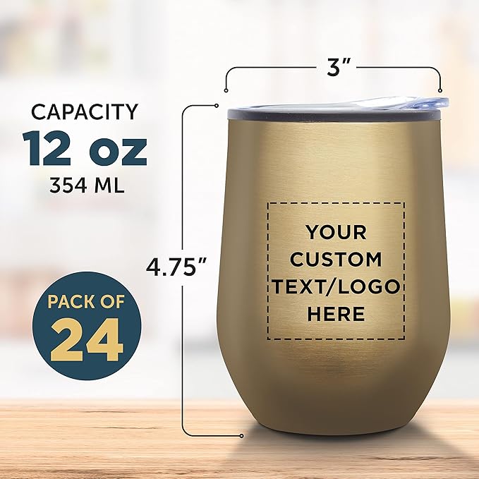 Custom Stemless Wine Tumblers 12 oz. Set of 24, Personalized Bulk Pack - Insulated, Perfect for Wine, Cocktails, Other Hot & Cold Beverages - Gold