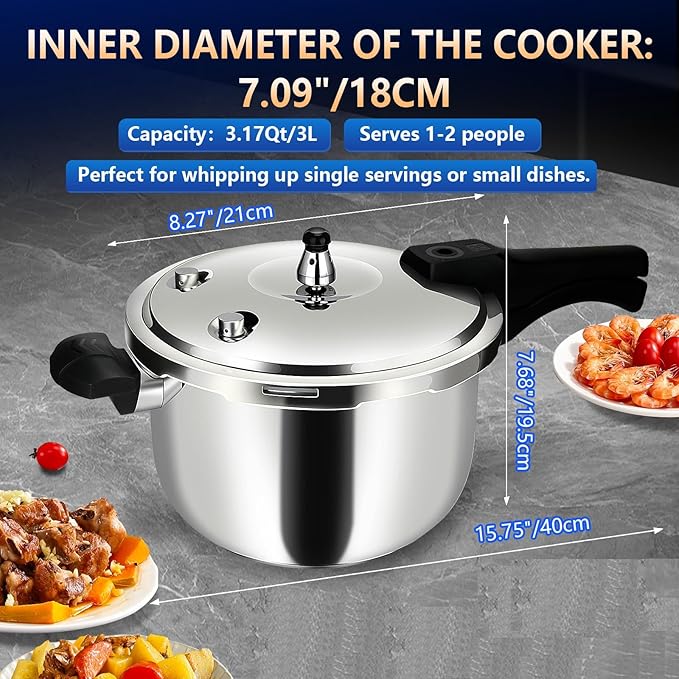 Stainless Steel Pressure Cooker, Peterboo 3 Quart Induction Compatible Thickened Small Pressure Cooker with Spring Valve Safeguard Devices, Compatible with Gas & Induction Cooker 1-2 people Use