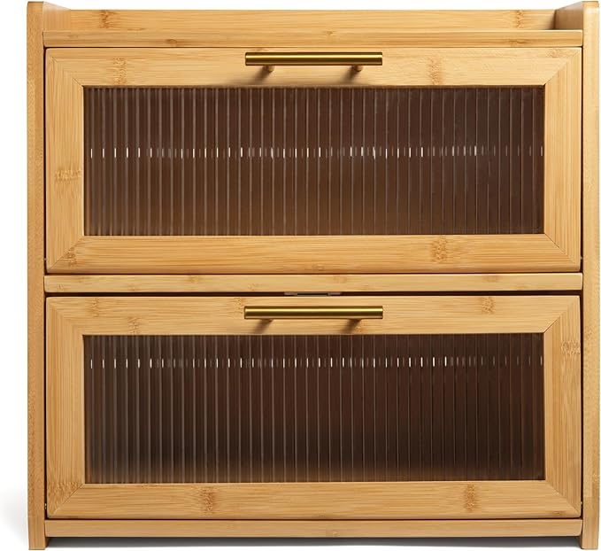 Extra Large Bamboo Bread Box for Kitchen Countertop, Dual-Layer Breadbox Provides Double the Bread Storage Space, Holds Multiple Loaves, Durable & Beautiful with Frosted Acrylic Panels