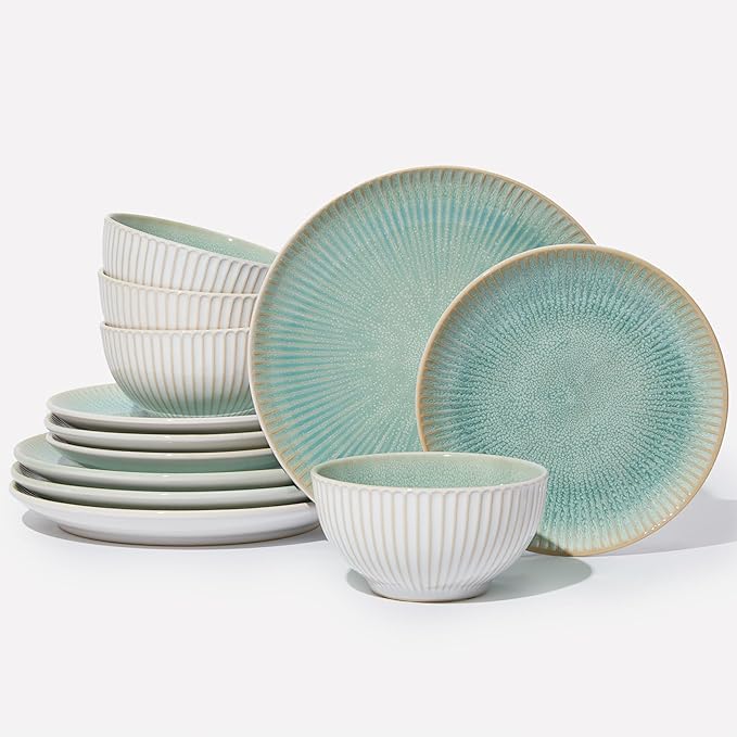Stoneware Dinnerware Sets, Round Reactive Glaze Ceramic Plates and Bowls Set, Dishwasher & Microwave Safe Dishes Set, Distinctive Granulated Surface Service for 4 (12pc)