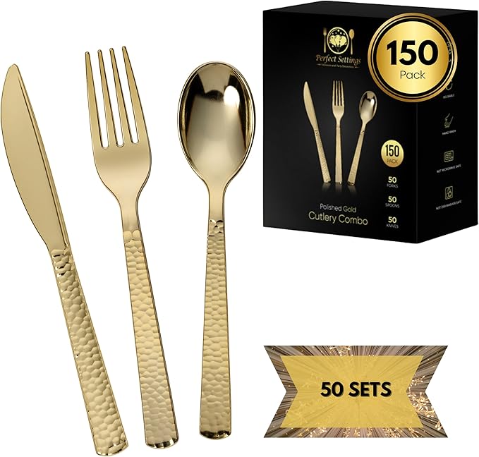 Perfect Settings 150 PCS Gold Plastic Silverware Set Heavy Duty Premium - Gold Plastic Cutlery Set Hammered Pebbled Finish - 50 Forks, 50 Knives, 50 Spoons Utensil Set