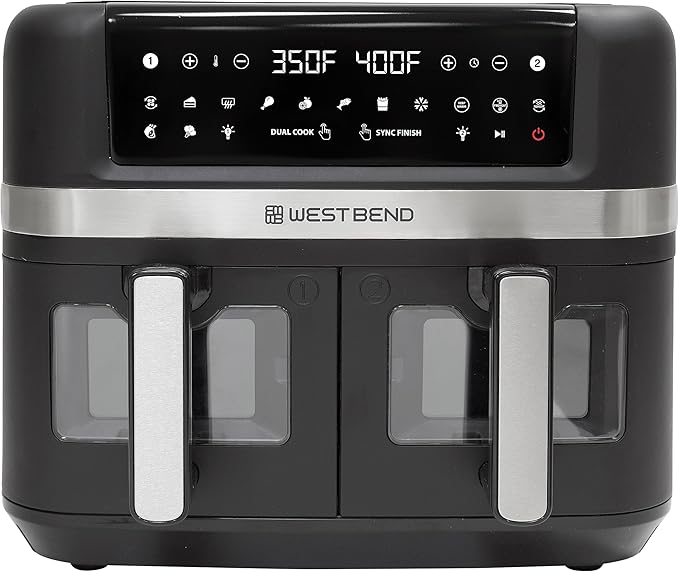 West Bend Double Up Air Fryer Dual Basket 10-Quart Capacity with Digital Controls View Windows and 15 Cooking Presets, Nonstick Frying Baskets, Dual-Zone Cooking, 1600-Watts, Black
