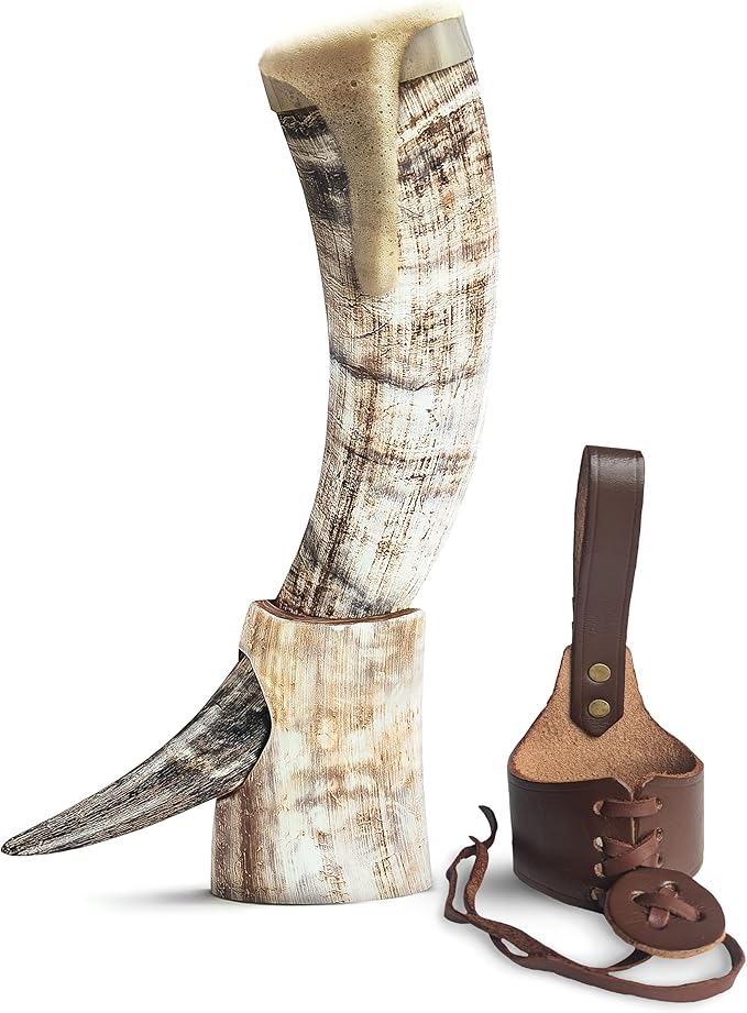 Norse Tradesman Genuine 12" Ox-Horn Viking Drinking Horn with Brass Rim, Brown Leather Belt Holster, Fitted Stand & Burlap Gift Sack - The Classic, 12-Inches, Low Polish
