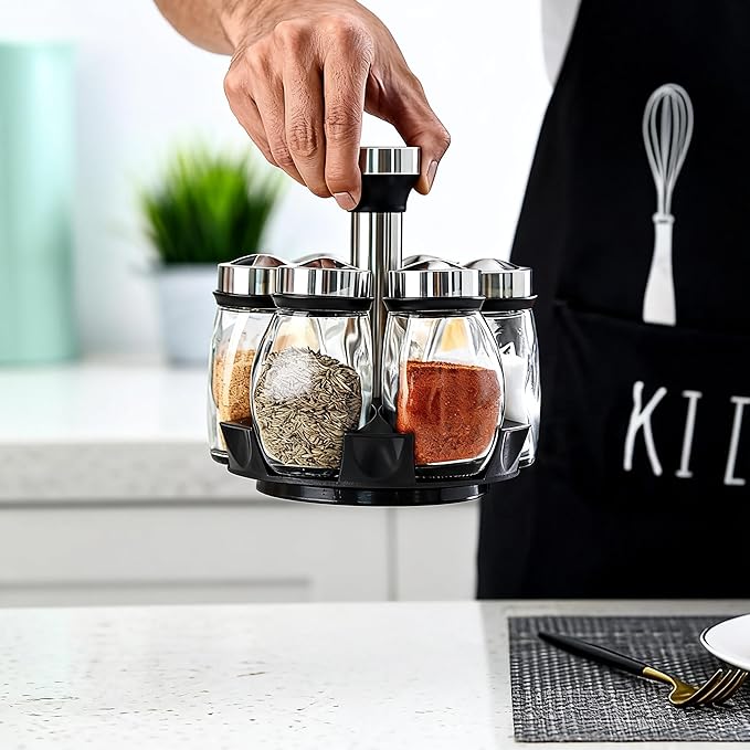 360° Rotating Spice Rack, 6PC Spinning Glass Spice Jars Suitable for kitchen countertops, spice storage, cooking, outdoor BBQ,(Spices Not Included)