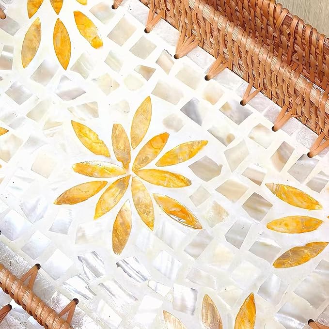i-lan Set of 2 Rectangle Serving Trays with Mother of Pearl, 13" & 11.5" Woven Rattan Platters for Dining Entertainment, Centerpiece Displays, and Home Decor Accents
