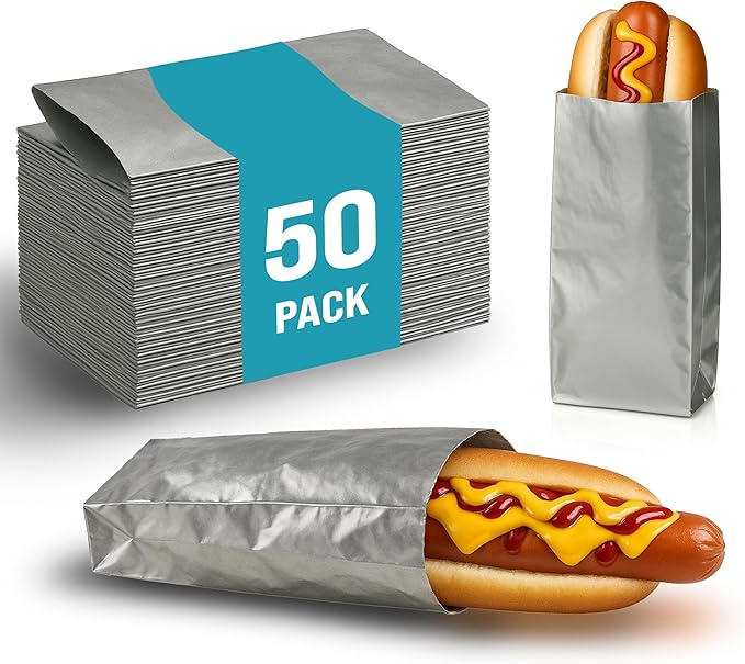 C&S Event Supply Co. Silver Foil Hot Dog Bags - 9'' Unprinted Hot Dog Wrappers - Grease Resistance Food Bags to Keep Food Hot and Non-Messy - 50 Pack Disposable Hot Bags for Fast Food and Food Truck