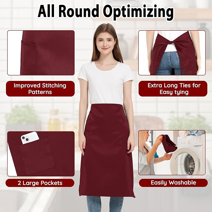 3 Pack Waist Apron with 3 Pockets, Unisex Black Waiter Aprons, Water Resistant Server Aprons for Restaurant Chef Bar