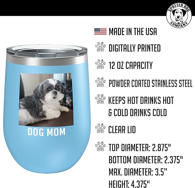 Personalized Mothers Day 12oz Photo Picture Printed Insulated Stainless Steel Powder Coated Stemless Wine Tumbler with Lid, Customized Mum Gift Idea Her, Custom Mom Coach Gifts Team (Light Blue)