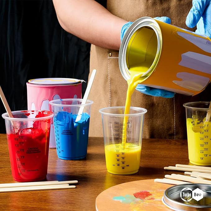Turbo Bee Plastic Measuring Cups 8OZ,200 PACK Disposable Mixing Cups with 200 Mixing Sticks,Paint Graduated Measuring Tumblers for Epoxy Resin, Paint Mixing, Art DIY
