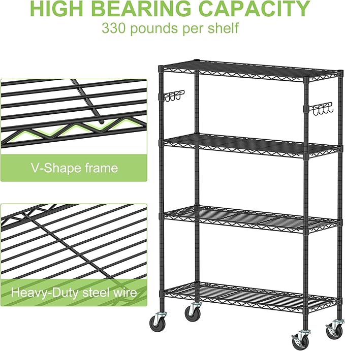 Wire Shelving on Wheels, 4-Tier Metal Rolling Storage Shelves Adjustable Steel Rack Organizer, Standing Wire Industrial Shelving for Kitchen Garage Pantry Office (4-Tier Shelf)
