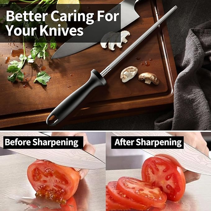 Knife Sharpener Rod, Kitchen Knives Sharpener Carbon Steel Professional Knife Sharpening Steel, Honing Rod with Hanging Holes (13 inches)