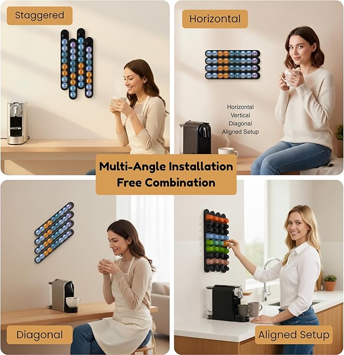 Bamboo Coffee Pod Holder, Adhesive Wall Mount for Cabinet Door, 36-Capsule Storage (Set of 4) — Vertical/Horizontal — Compatible with Nespresso Original Line-Black