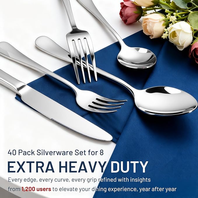 KIKCOIN 40 Pack Silverware Set for 8, Balanced Weight Stainless Steel Flatware Set, Mirror Polished Spoons And Forks Knife Set, Heavy Duty Cutlery Utensils Set for Home Kitchen Restaurant Wedding