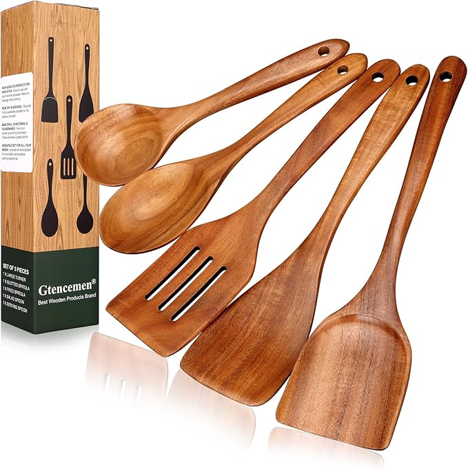 Wooden Kitchen Utensils Set 5 Piece Teak Wood - Non Scratch & Non Toxic Cooking Tools with Turner, Slotted Spatula, Angled Spatula, Serving Spoon, Salad Spoons
