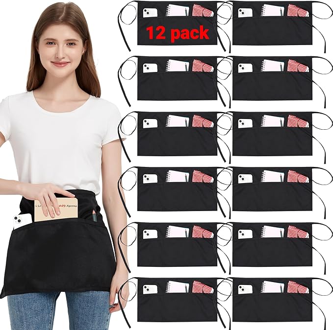 3 Pack Waist Apron with 3 Pockets, Unisex Black Waiter Aprons, Water Resistant Server Aprons for Restaurant Chef Bar