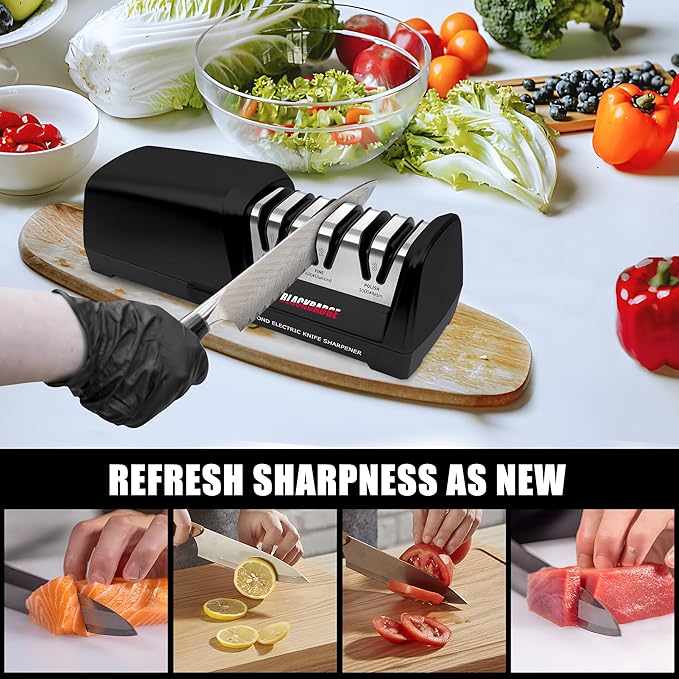 BLACKBADGE Electric Knife Sharpener, Professional 3-Stages Knife Sharpeners with Diamond Abrasives for 15-Degree Straight Edge, Quickly Sharpening, Repair/Restore/Polish Blades