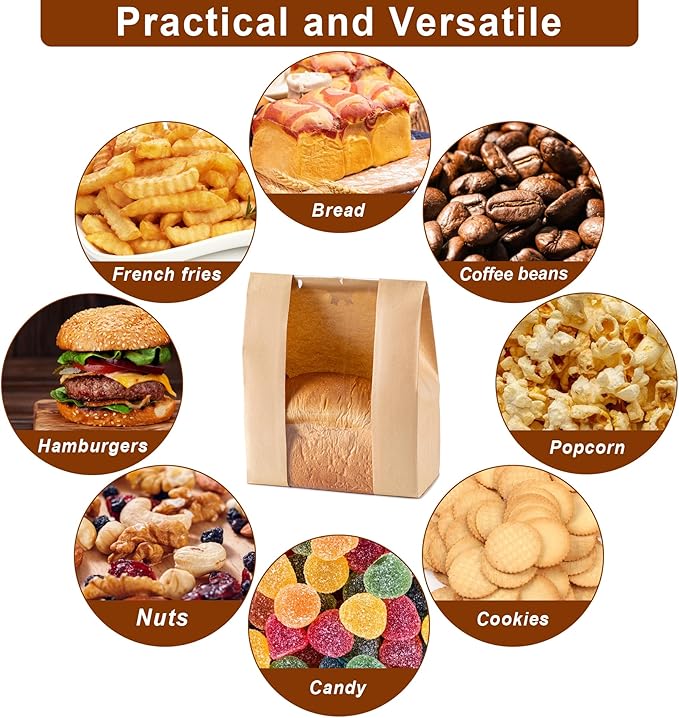 Paper Bread Bags 25PCS, Sourdough Bread Bags for Homemade Bread, Large Bakery Bags with Window Includes 25PCS Label Seal Stickers for Homemade Bread Storage(13.7x8.3x3.5 inch)