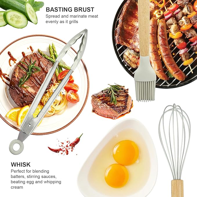 Silicone Cooking Utensils Kitchen Utensil Set - 446°F Heat Resistant Silicone Kitchen Utensils Set, Spatula,Turner Tongs, Spoon, Brush, Whisk,Kitchen Gadgets for Nonstick Cookware, BPA Free (White)