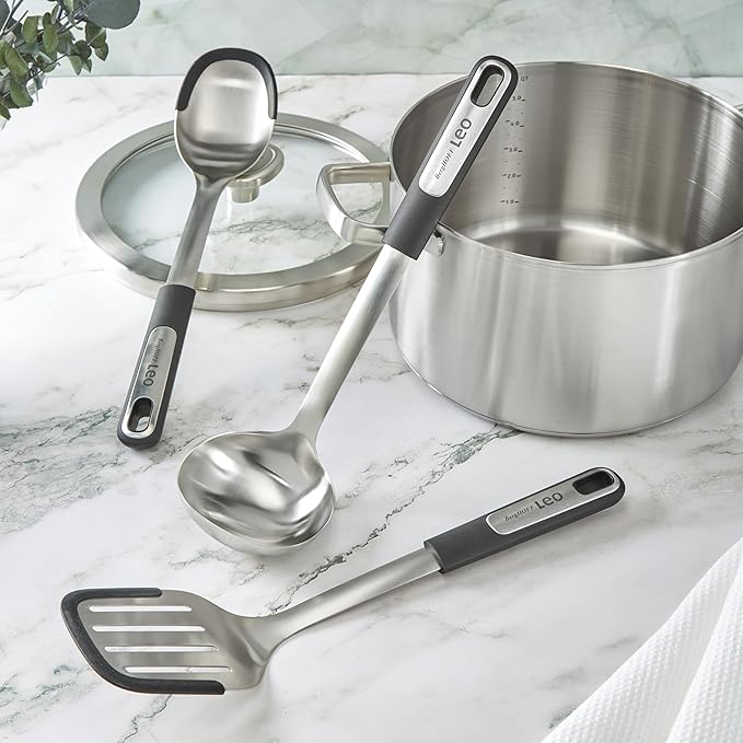 BergHOFF Graphite 3Pc Cooking Utensil Set, Recycled Material, Slotted Turner, Serving Spoon, Soup Ladle, Stainless Steel Head with Silicone Head, For Nonstick Cookware