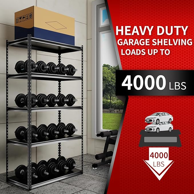 The Atlas 36" W Laminated Heavy Duty Metal Shelving Unit 4000 Lbs Boltless Garage Storage Shelves Utility Rack Shelf Warehouse Pantry Shed 36" W x 18" D x 72" H, Black