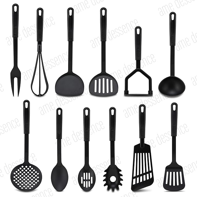 AME D'ESSENCE Fish Turner Flexible Slotted Spatula 12 inch Black Nylon 410ºF Heat Resistant Fish Spatula with Ergonomic Handle Kitchen Gadgets for Frying