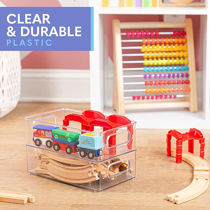 primebox Plastic Food Storage 2 Pack Clear Container Bin with Handles for Organizing Kitchen, Pantry, Refrigerator, Freezer, Pantry, Cabinet, Closet, Bathroom. Stackable 10”x6”x3”