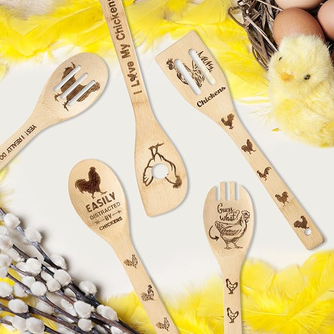Eartim Wooden Cooking Spoon Utensil - 5Pcs Father's Day Chicken Rooster Kitchen Cooking Utensil Non-Stick Carve Burned Bamboo Spoon Set Slotted Spatula Cookware Kitchen Gadget Dad's Papa Birthday Gift
