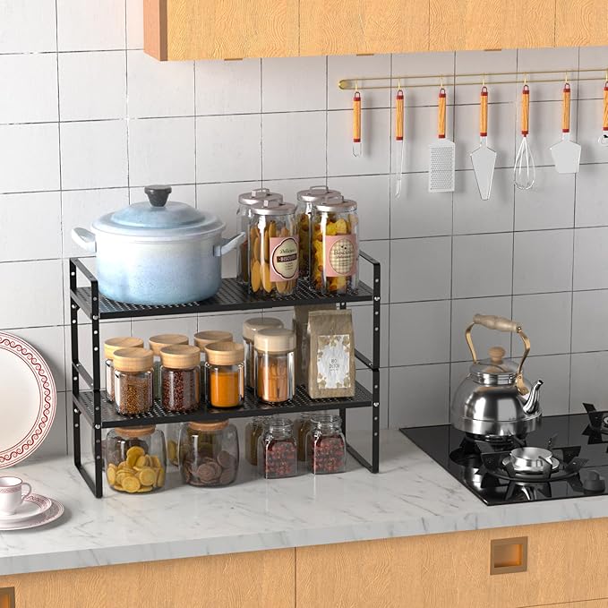 Cabinet Organizer Shelves,Expandable Spice Racks,Stackable Countertop Organizer,Adjustable Shelves for Under Sink,Storage Racks for Kitchen Bathroom Home Office,Black,3 Packs