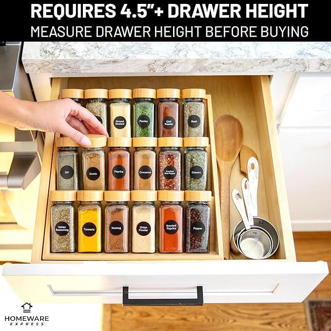 Extra Sturdy 3-Tier Bamboo Spice Rack – 12" W x 10" D x 13" H – Foldable Non-Slip Wooden Spice Organizer for Countertop and Cabinet – Includes Labels, Funnel & Hooks – Spice Jars NOT Included