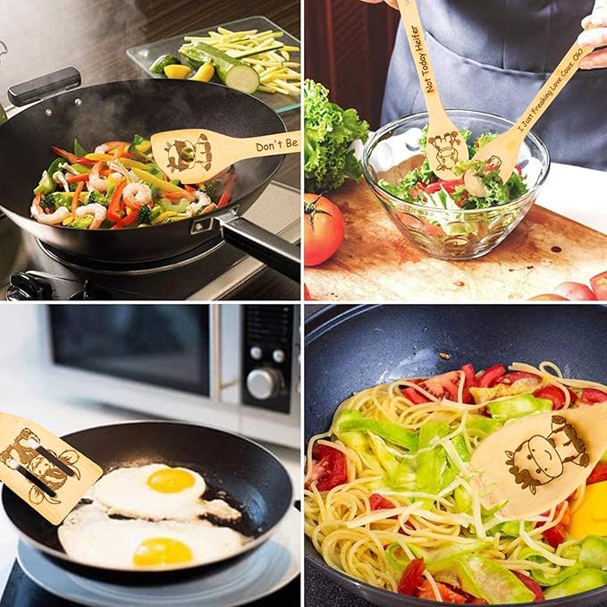5PCS Cow Wooden Cooking Spoons Set Cow Gifts for Women Cow Kitchen Decor Bamboo Cooking Utensil Spoons for Housewarming Wedding Anniversary Thanksgiving Christmas Gifts Mom Women Cow Lovers Gift