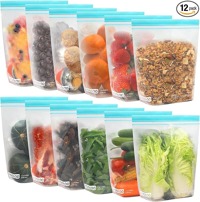 12 Pack Reusable Gallon Bags, BPA Free Food Storage Bags, Extra Thick Leakproof Plastic Free Ziplock Bags for Meal Prep, Fruits, Sandwich, Snack, Travel Items