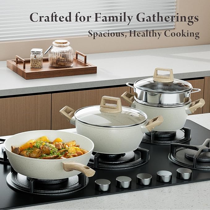 24 Pcs Pots and Pans Set, Non Stick Ceramic Cookware Set with 3 Stockpots, Healthy Non-Toxic, Large Capacity, Induction Compatible, PFAS/PTFE/PFOA Free, Cream White
