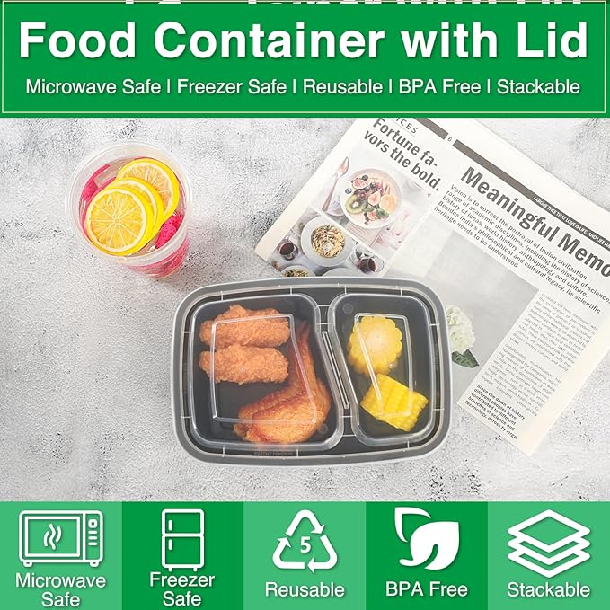 Meal Prep Containers 2 Compartment 30 Pack, 26 oz Divided Reusable Food Storage Containers with Lids Takeout Food Storage Containers Black, Microwave Dishwasher Freezer Safe, Stackable, BPA Free