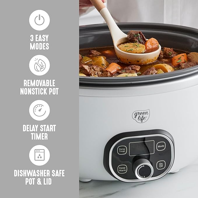GreenLife 6QT Slow Cooker, Non-Toxic PFAS-Free Ceramic Nonstick Removable Interior Bowl, Programmable, Family Friendly, Keep Warm, Stovetop & Oven Safe, Dishwasher Safe Crock, Timer, Glass Lid, White