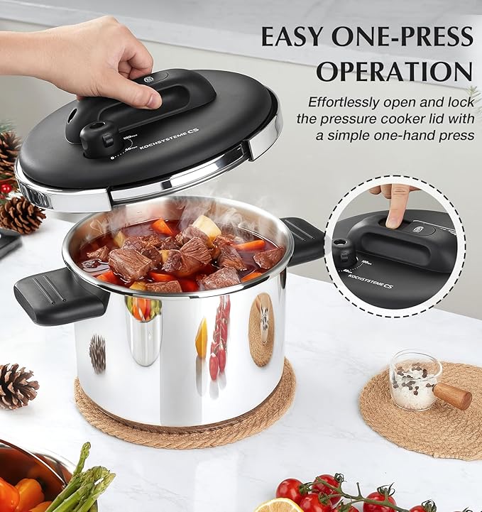 KOCH SYSTEME CS 8.5QT Pressure Cooker Stainless Steel, Olla de Presion, 18/10 Stainless Steel Pressure Cooker, Easy One-Press Lock Pressure Cookers, Induction Ready, Glass Lid & Steamer