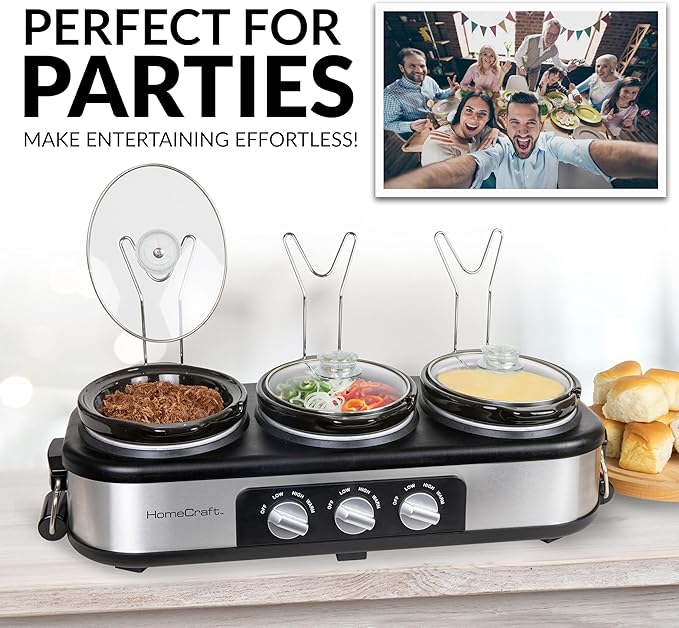 HomeCraft HCTSC15SS Stainless Steel 3-Station 1.5-Quart Oval Slow Cooker Buffet, with Lid & Spoon Rest, Adjustable Heat Control, Perfect for Parties, Holidays, Families