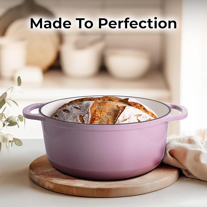 Zulay Kitchen 5 Quart Enameled Cast Iron Dutch Oven Pot with Lid – Premium Durability & Oven Safe up to 500°F – Heavy Duty Cookware Perfect for Bread Baking, Stews, Braising & Roasting – Pink