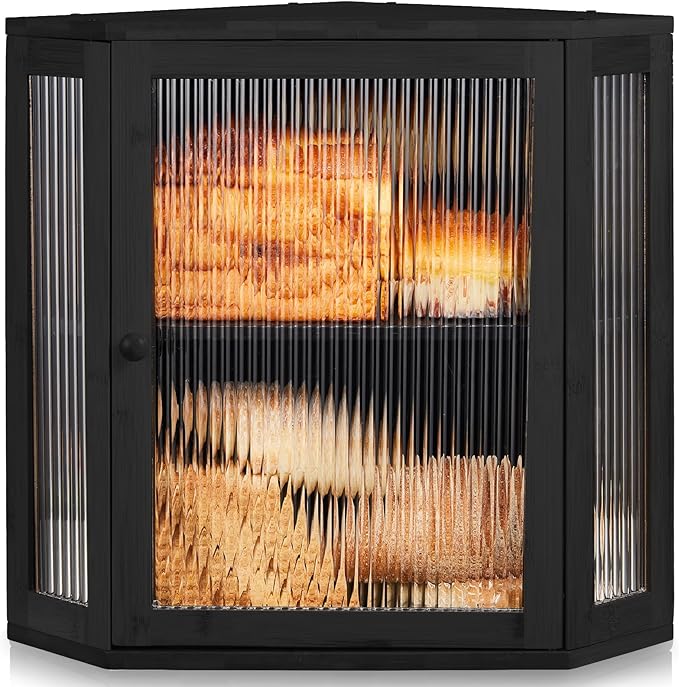 BRONYPRO Double Layer Corner Bread Box for Kitchen Counter with Height-adjustable Partition, Large Black Bamboo Wooden Bread Box for Multiple Loaves, Modern Breadbox for Kitchen Countertop