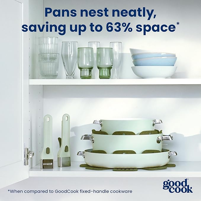 GoodCook Ceramic Cookware Set 5-Piece with Removable Handle, Induction Compatible, Nonstick and Oven Safe with 9.5-Inch Frypan, Sage Green
