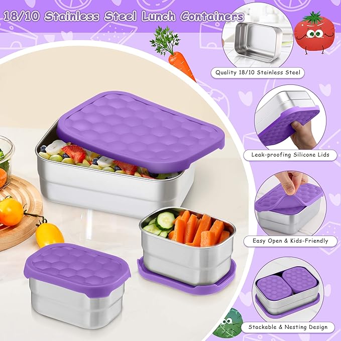 Homikit 3 Pack Kids Lunch Box Set, 18/10 Stainless Steel Bento Boxes with Silicone Lids Leak Proof, 5 Cups Reusable Metal Food Snack Containers for School Daycare, Nontoxic & Dishwasher Safe, Purple