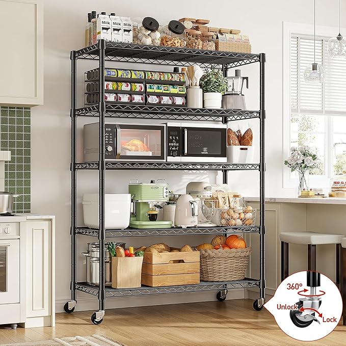 REIBII 73''H Storage Shelves 1660LBS Wire Shelving Unit with Wheels 5 Tier Metal Shelving,Heavy Duty Metal Shelves for Storage Rack,73''HX35''WX15''D