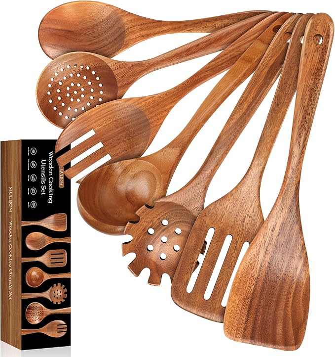 7 PCS Wooden Spoons for Cooking Natural Teak Kitchen Utensils Smooth Non-Stick Surface Cooking Utensils Set Soft Comfort-Grip Wooden Utensils for Cooking