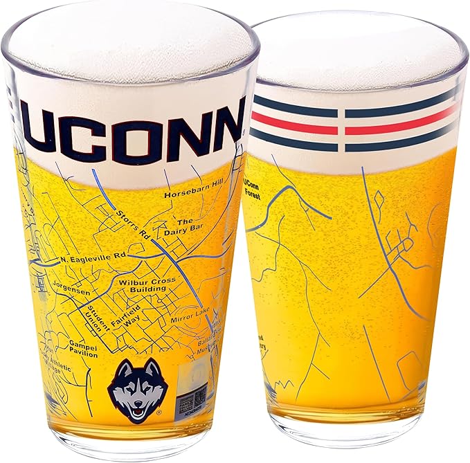 Greenline Goods – University of Connecticut Huskies College Pint Beer Glasses (Set of 2), 16 oz – Full-Color Logo + Campus Map