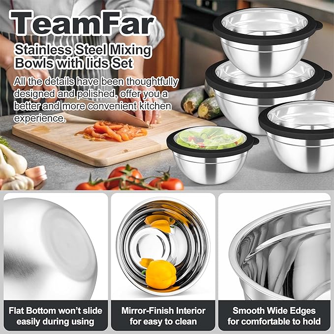 TeamFar Mixing Bowls Set, 4.5/3/1.5/1/0.7 QT Stainless Steel Nesting Salad Bowls with Airtight Lids, For Serving/Mixing/Storing, Non-Toxic & Heavy Duty, Visible & Easy Clean, Black, Set of 5