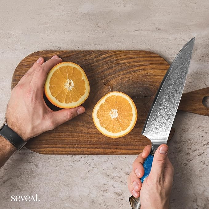 Damascus Kitchen Knife, 67-Layer Damascus Steel, 13” Professional Chef Knife for Kitchen, Ergonomic Wood & Resin Handle in Gift Box, Ideal for Gifting (Blue, 1 piece)